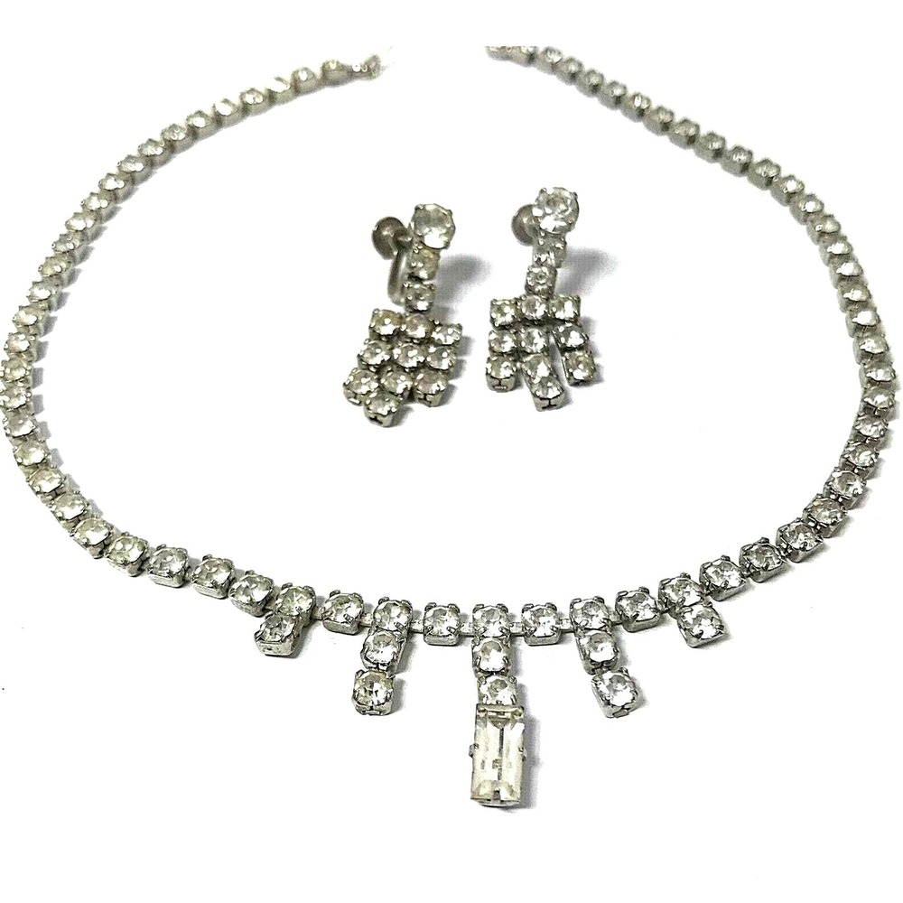 Vintage Rhinestone Necklace  Earrings Set Prom Wedding Formal Statement Regency